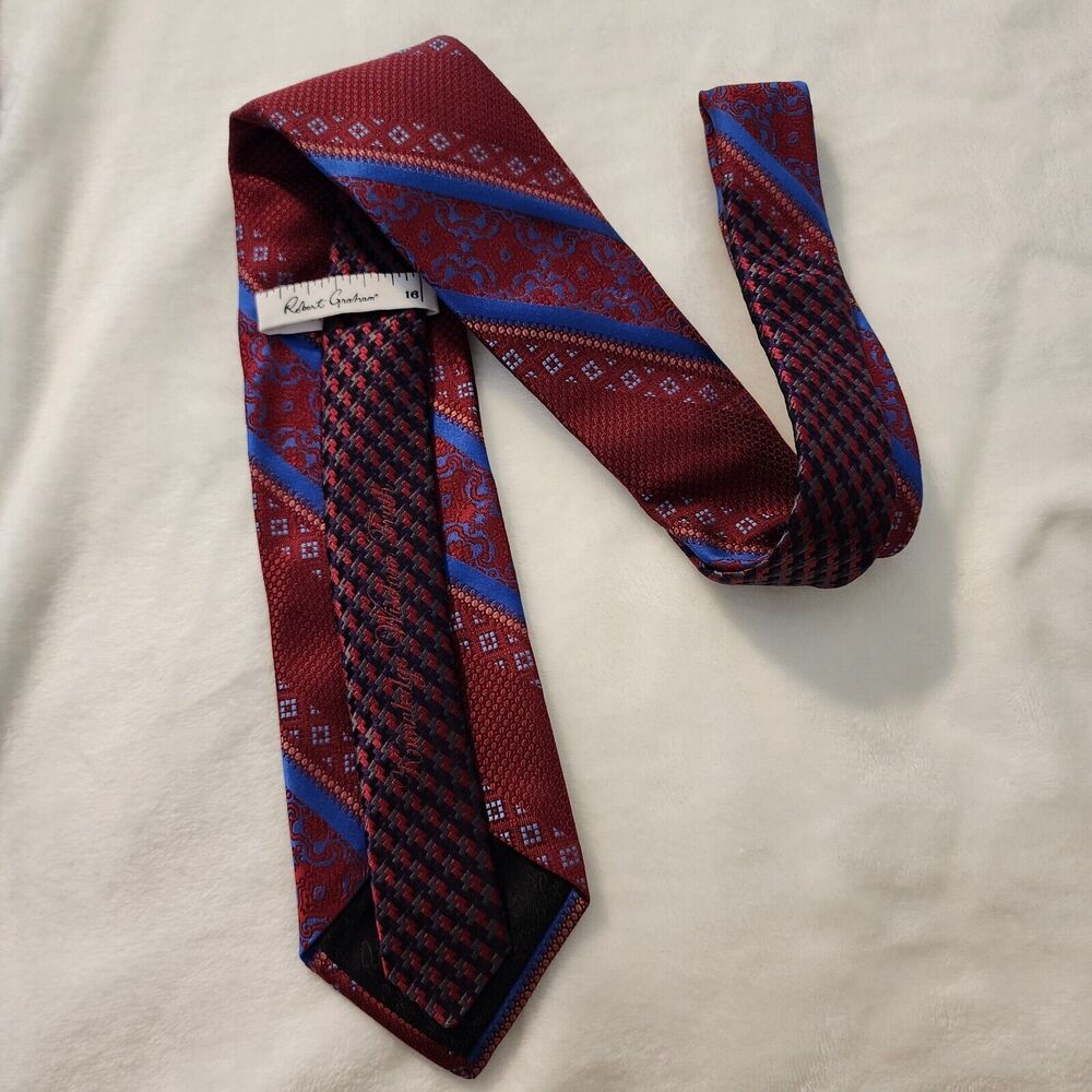 Robert Graham 100% Silk Tie Necktie Red Royal Blue Stripe Geometric Vintage